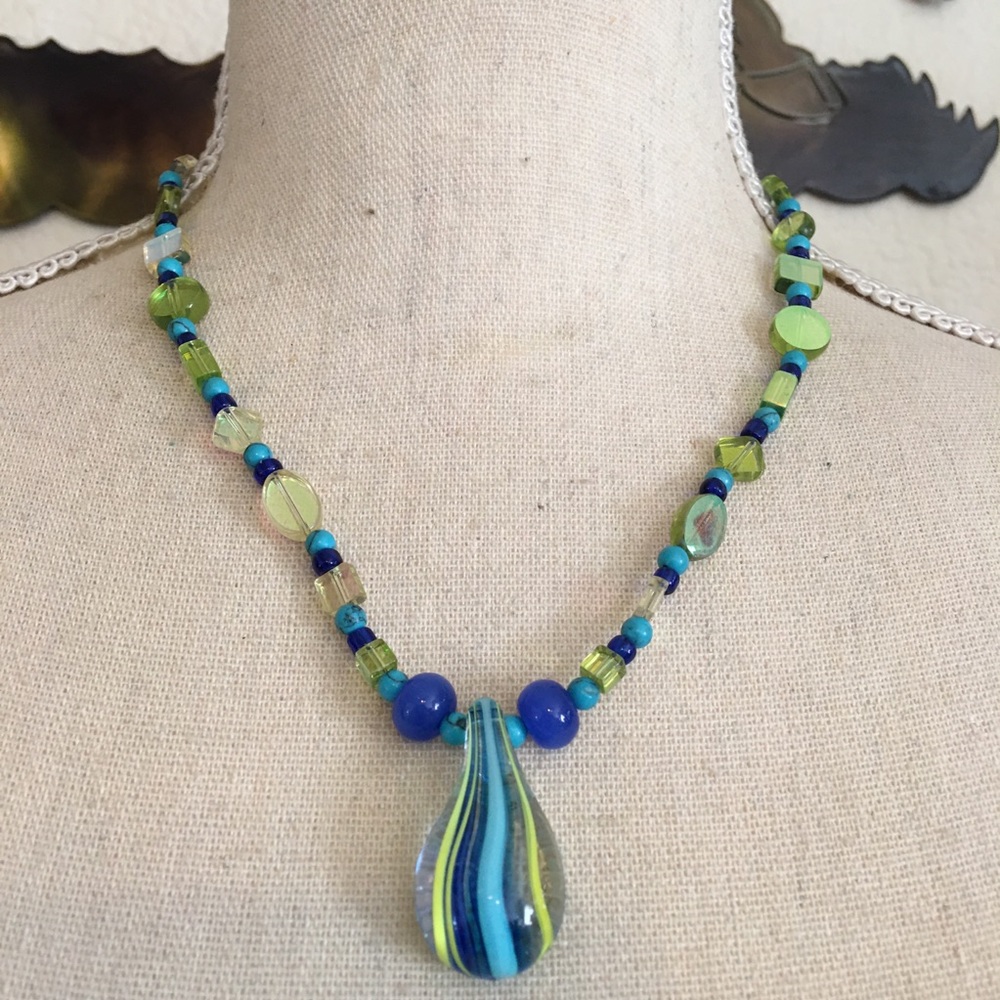 Handmade blue and lime glass necklace